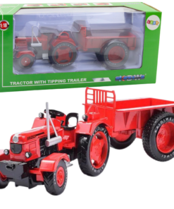 Metalinis traktorius su raudona priekaba 1:18