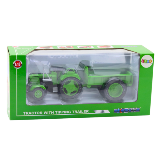 Metalinis žalias traktorius su priekaba 1:18