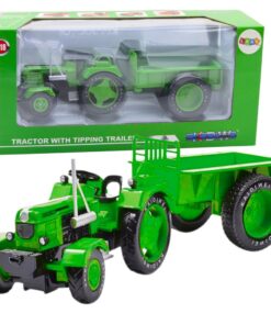 Metalinis žalias traktorius su priekaba 1:18