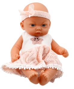 Mieganti kūdikio lėlė rožine suknele 24 cm