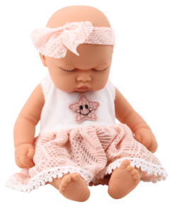 Mieganti kūdikio lėlė rožine suknele 24 cm