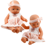 Mieganti kūdikio lėlė rožine suknele 24 cm