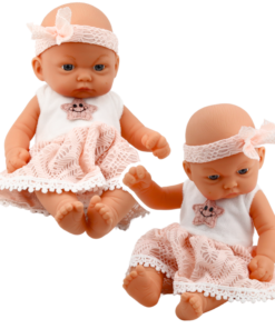 Mieganti kūdikio lėlė rožine suknele 24 cm