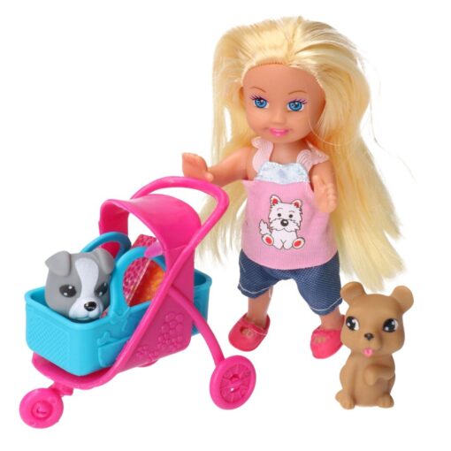 Mini lėlė su vežimėliu ir šuniukais