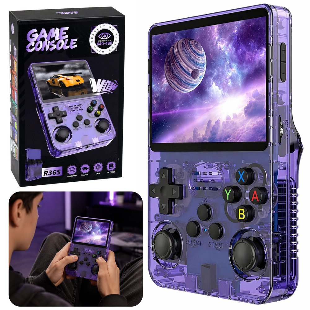 Nešiojama retro žaidimų konsolė R36S Violetinė Nešiojama retro žaidimų konsolė R36S Violetinė