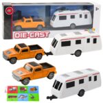 Oranžinis die‑cast visureigis su kemperiu