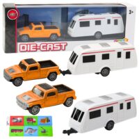 Oranžinis die‑cast visureigis su kemperiu