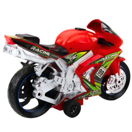Raudonas lenktyninis žaislinis motociklas su šviesomis