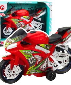 Raudonas lenktyninis žaislinis motociklas su šviesomis