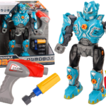 Sukamas robotas su ginklu