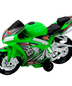 Žalias lenktyninis žaislinis motociklas su šviesomis