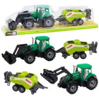 Žalias traktorius su krautuvu ir presu