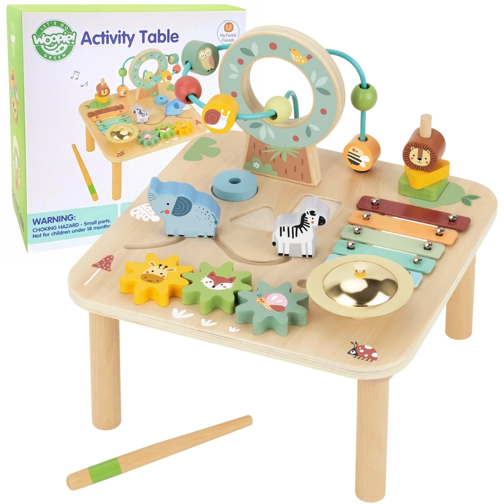 „WOOPIE GREEN“ medinis edukacinis muzikinis sensorinis staliukas – labirintas 5-in-1.