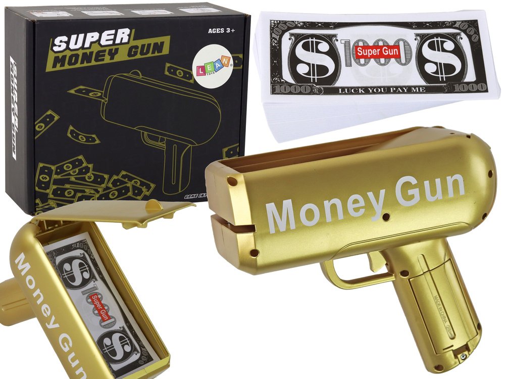Auksinė Money Gun pinigų šaudyklė – su banknotais Auksinė Money Gun pinigų šaudyklė – su banknotais