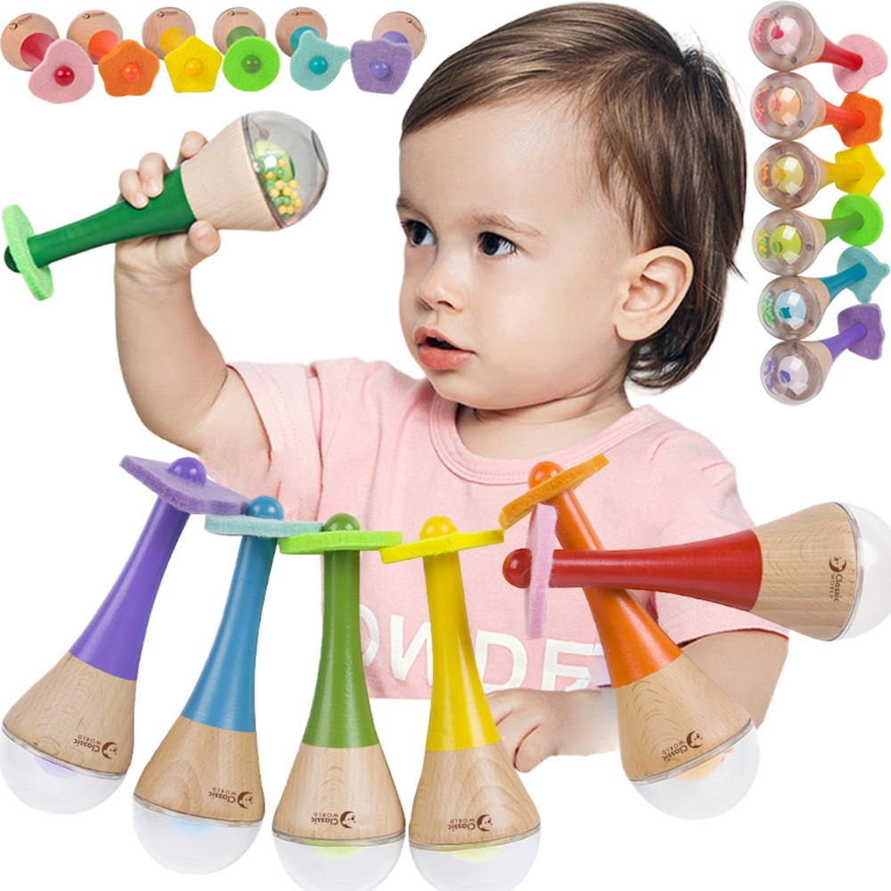 CLASSIC WORLD barškutis 2 viename – medinis vaivorykštės spalvų marakasų instrumentas