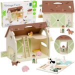 Classic World medinė „Vintage“ ferma – 17 dalių rinkinys su gyvūnais ir ūkininku