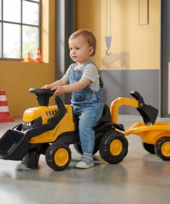 FALK JCB Eco Design pasivažinėjimo traktoriukas su priekaba ir smėlio įrankiais