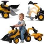FALK JCB Eco Design pasivažinėjimo traktoriukas su priekaba ir smėlio įrankiais