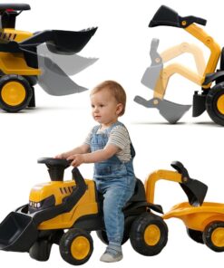 FALK JCB Eco Design pasivažinėjimo traktoriukas su priekaba ir smėlio įrankiais