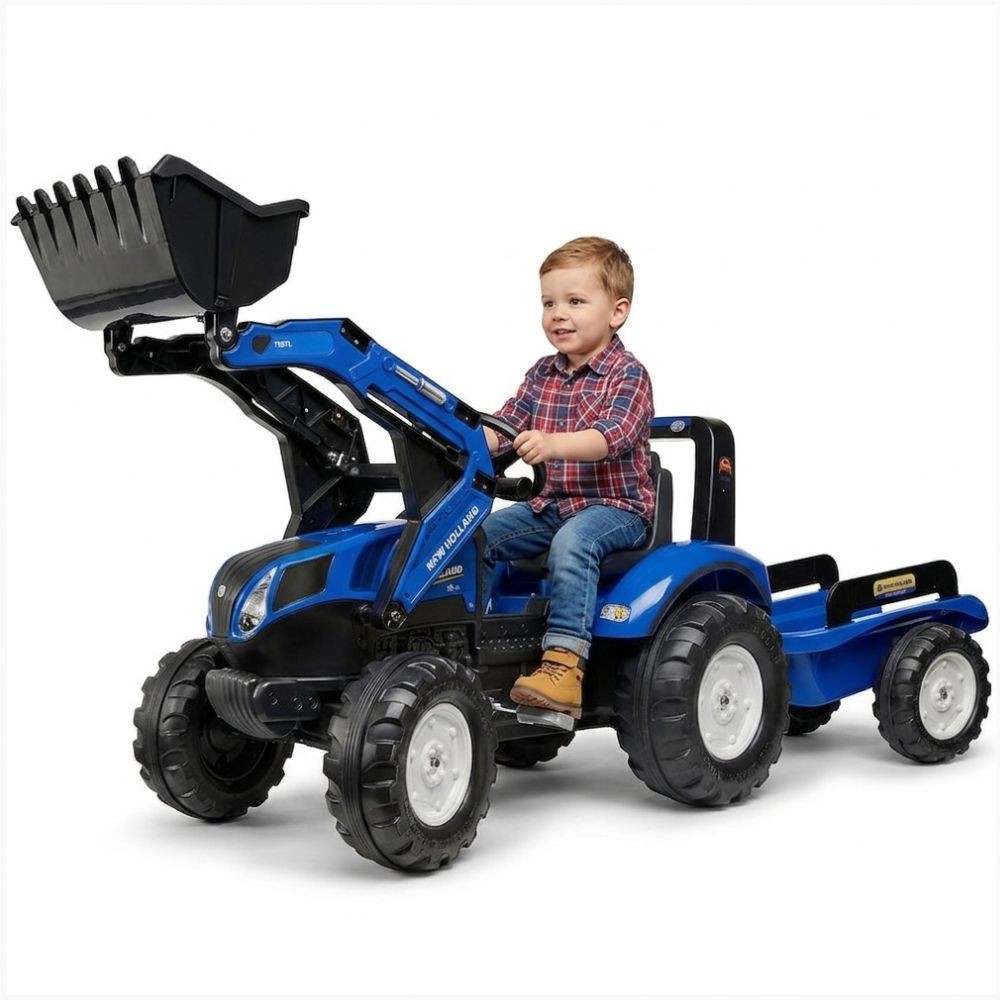 FALK New Holland T8 Eco Design pedalinis traktorius su kaušu ir priekaba FALK New Holland T8 Eco Design pedalinis traktorius su kaušu ir priekaba