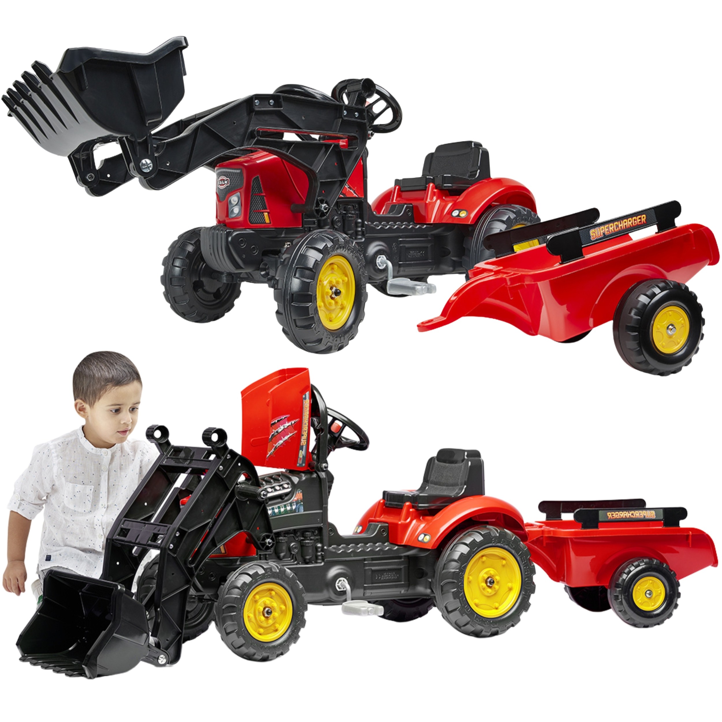 FALK Supercharger Red Eco Design pedaalidega traktor-ekskavaator haagisega