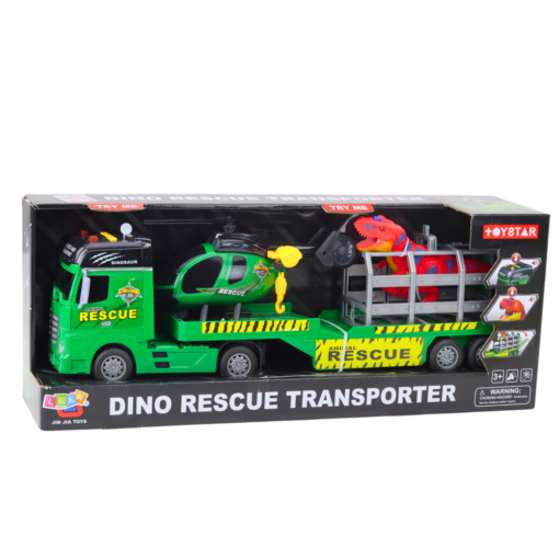 Gelbėjimo sunkvežimis su sraigtasparniu ir dinozauru
