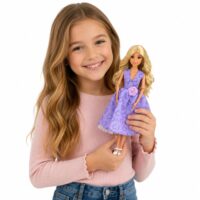Lėlė violetine suknele ir aksesuarais