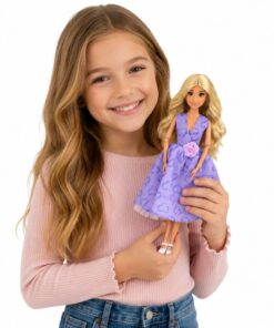 Lėlė violetine suknele ir aksesuarais