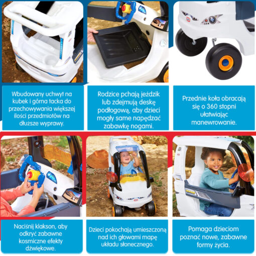 Little Tikes Cozy Coupe „Space Edition“ – kosminis paspirtukas–mašinėlė su tėvų rankena