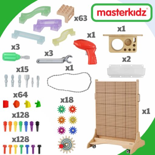 Masterkidz mobilioji manipuliacinė STEM lenta su įrankiais ir 400+ detalių rinkiniu