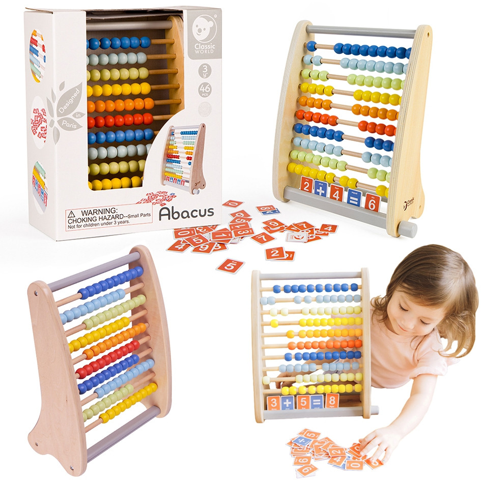 Medinis edukacinis abacus su 46 elementais ir užduočių kortelėmis