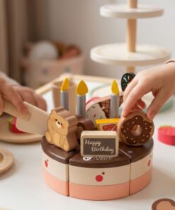 Medinis gimtadienio tortas su žvakutėmis ir dekoracijomis