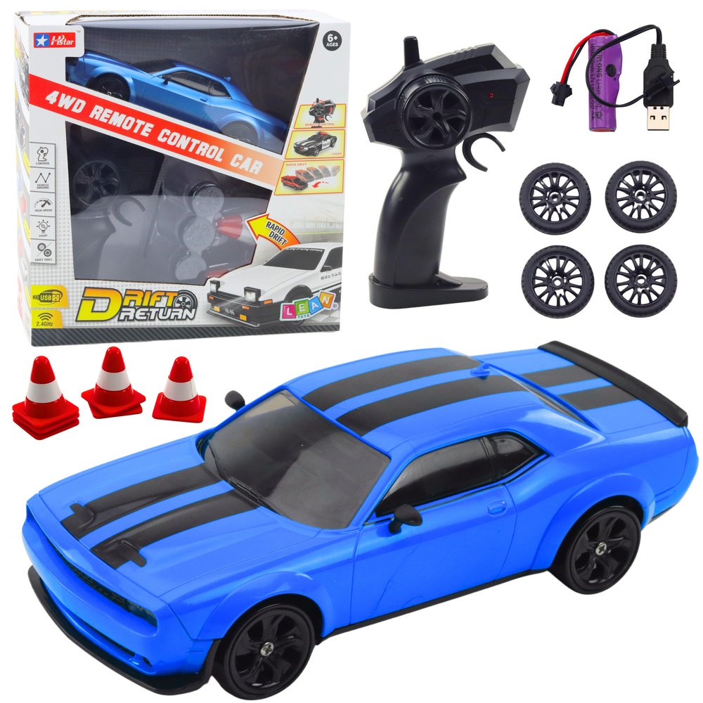 Mėlynas nuotolinio valdymo drift automobilis su juodomis juostomis Mėlynas nuotolinio valdymo drift automobilis su juodomis juostomis
