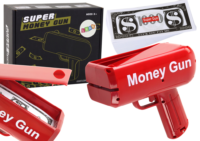 Raudona Money Gun pinigų šaudyklė – su banknotais