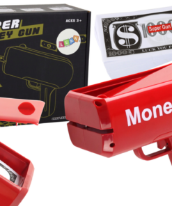Raudona Money Gun pinigų šaudyklė – su banknotais