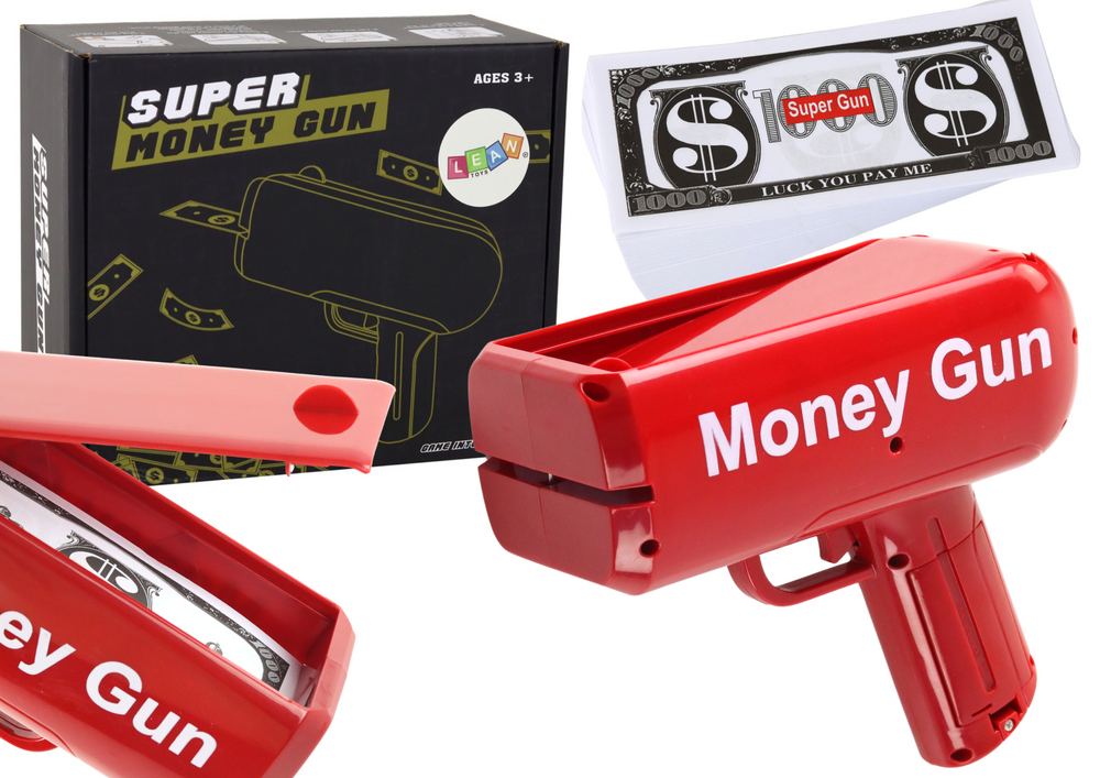 Raudona Money Gun pinigų šaudyklė – su banknotais