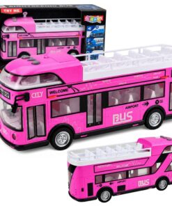 Rožinis dviaukštis miesto autobusas vaikams