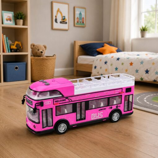 Rožinis dviaukštis miesto autobusas vaikams