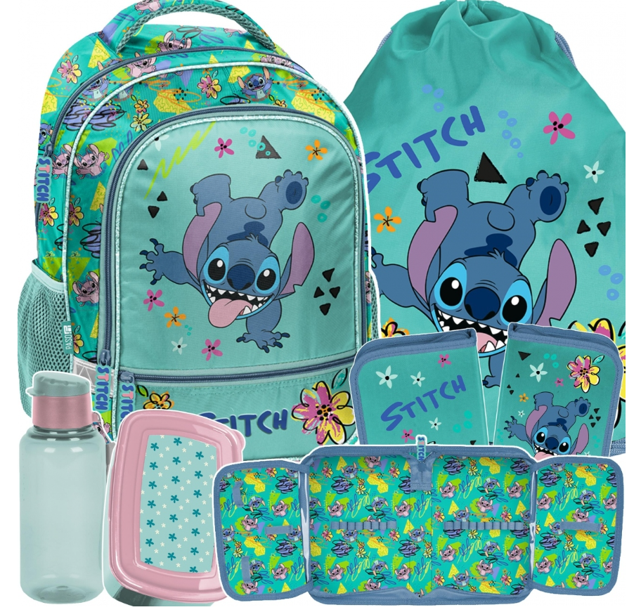 Mokyklinis rinkinys 5‑in‑1 „Stitch“ – kuprinė, penalas, batų maišelis, pietų dėžutė, gertuvė, PASO