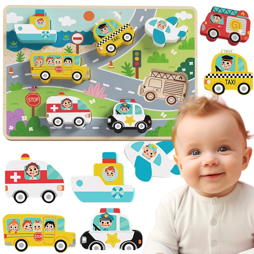 Tooky Toy medinė dėlionė „Transporto priemonės“ – 7 el.