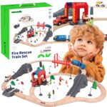 Tooky Toy medinė gaisrinės traukinio trasa su elektrine lokomotyva