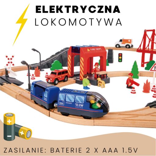 Tooky Toy medinė gaisrinės traukinio trasa su elektrine lokomotyva