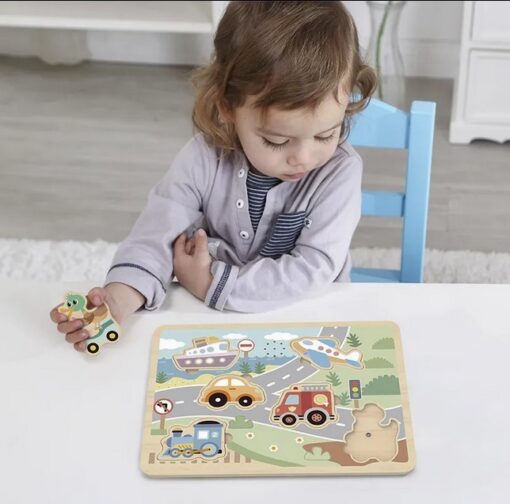 Tooky Toy medinė interaktyvi traukinio dėlionė – 6 el.