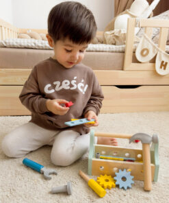 Tooky Toy medinė įrankių dėžė su 18 detalių rinkiniu