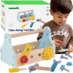 Tooky Toy medinė įrankių dėžė su 18 detalių rinkiniu