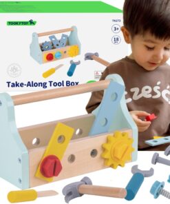 Tooky Toy medinė įrankių dėžė su 18 detalių rinkiniu