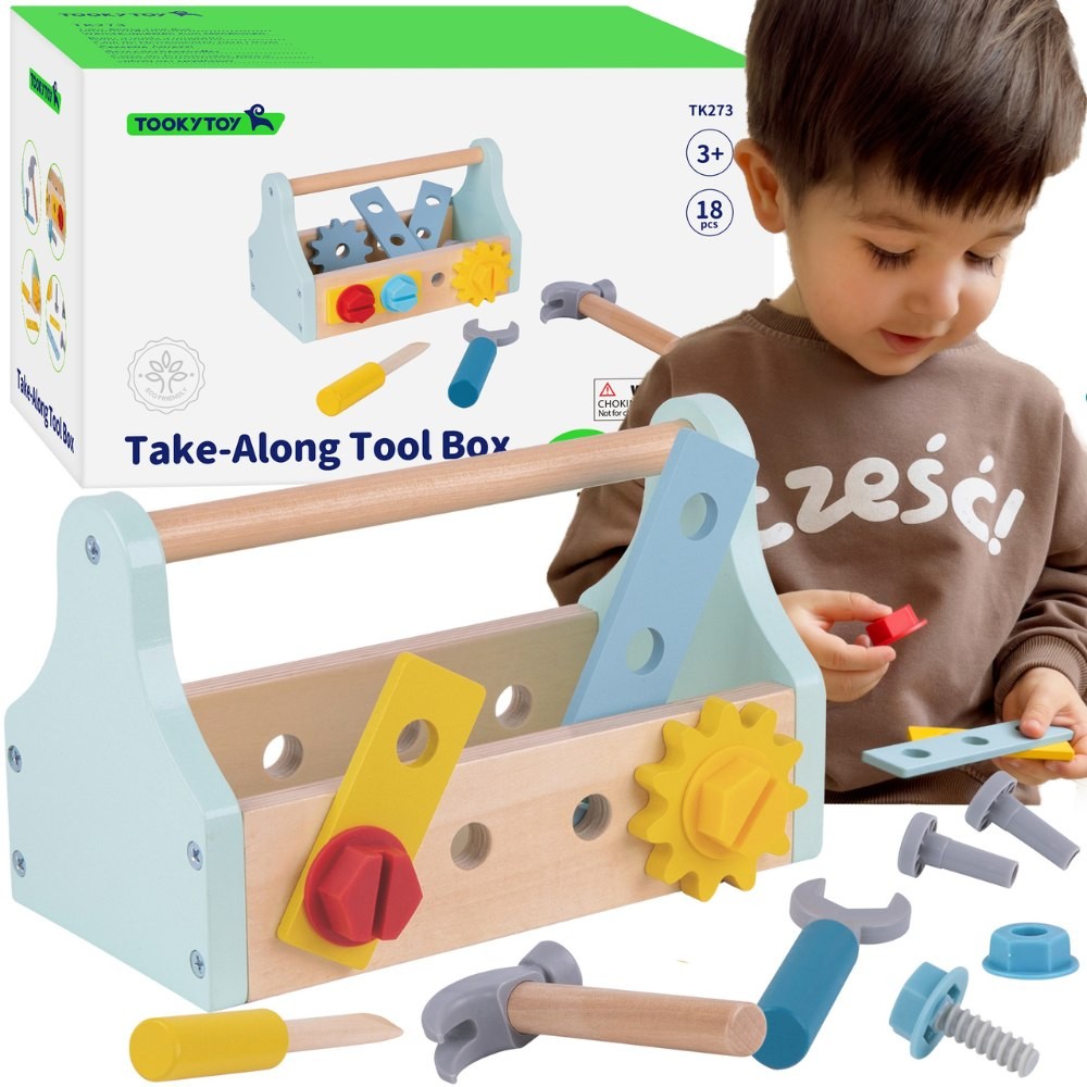 Tooky Toy medinė įrankių dėžė su 18 detalių rinkiniu
