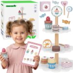 Tooky Toy medinė trijų aukštų saldumynų patera su 22 elementais