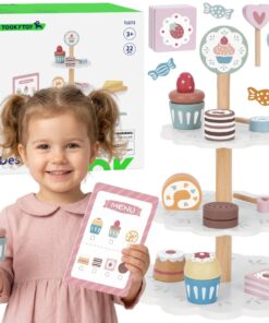 Tooky Toy medinė trijų aukštų saldumynų patera su 22 elementais