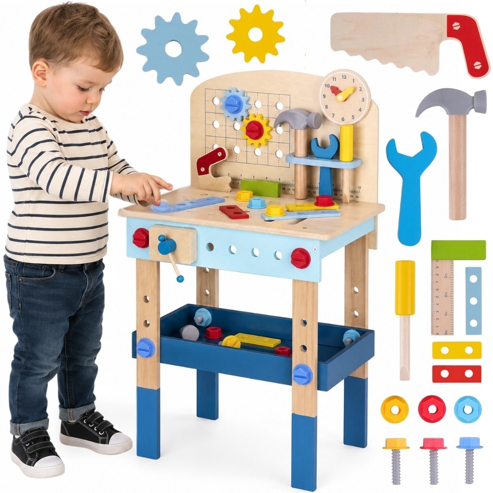 Tooky Toy medinis darbo stalas – 48 dalių meistro dirbtuvės su įrankiais
